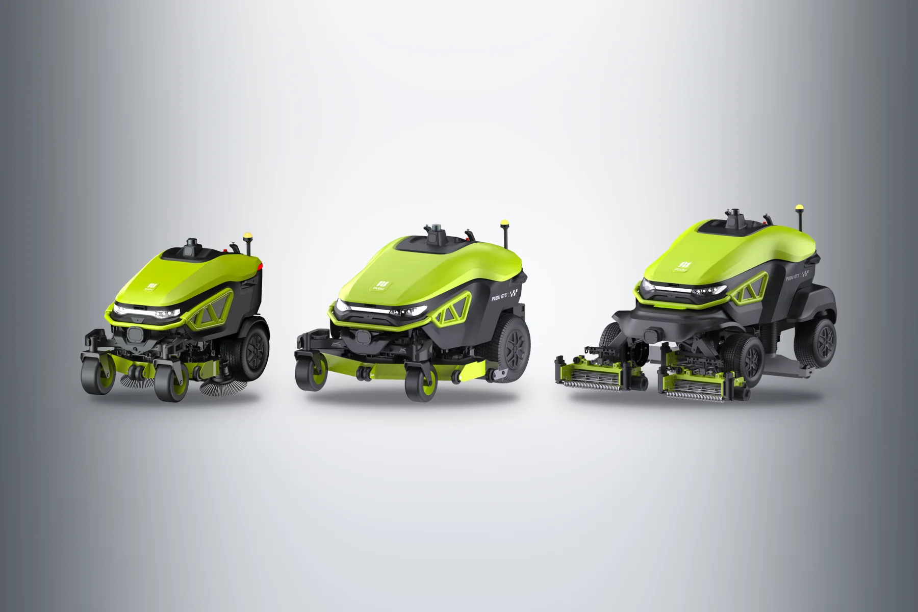 Soldan sağa PUDU GT3, PUDU GT5 ve PUDU GT7 çim biçme robotları yan yana