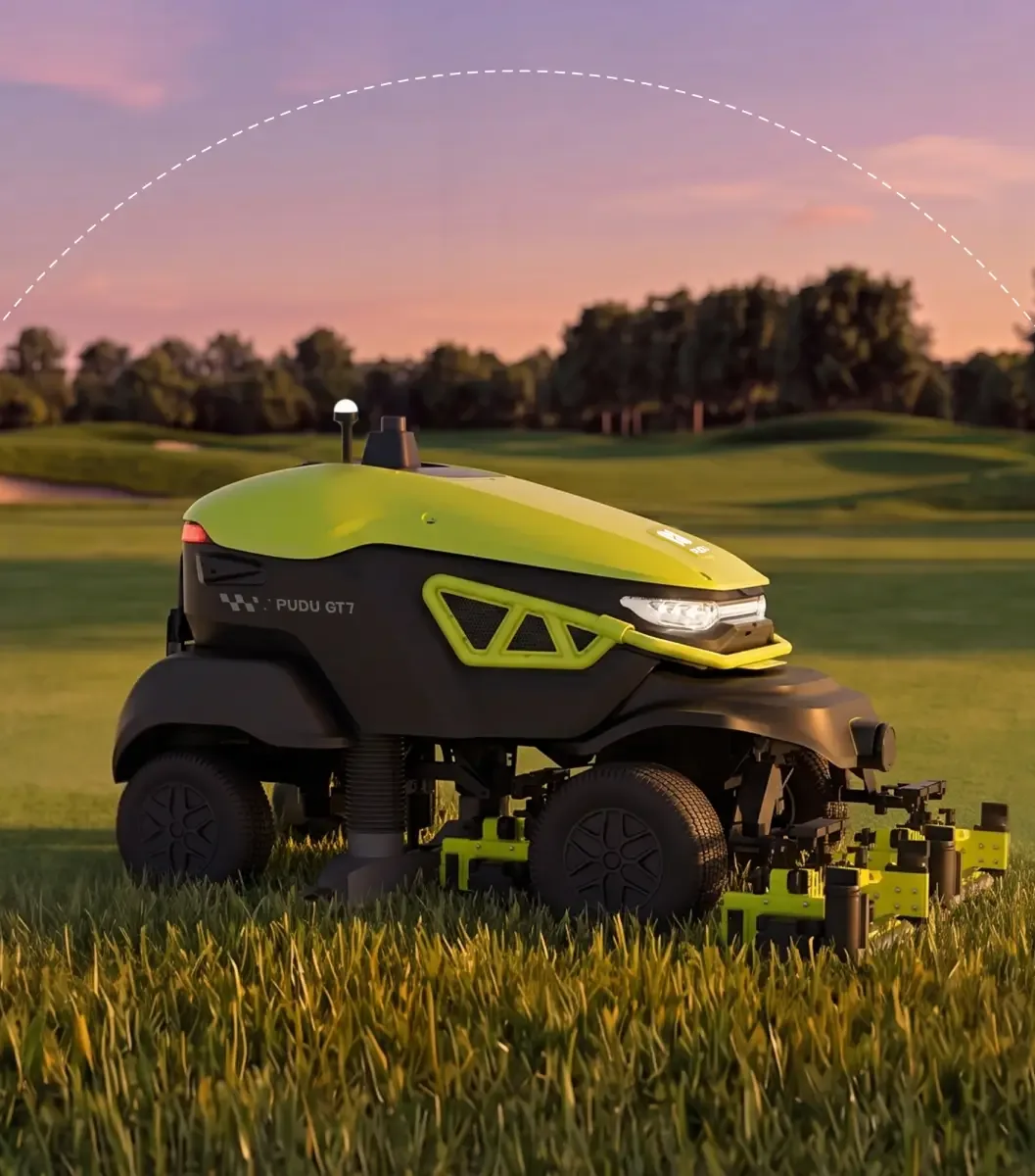 Gün batımında golf sahasında çalışan PUDU GT7 ve gündüzden geceye çalışma süresi grafiği