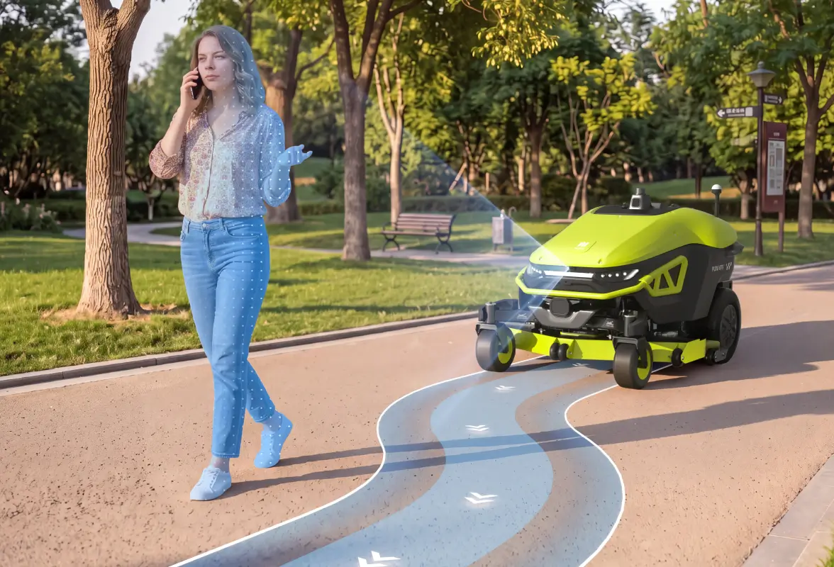 PUDU GT5 park yolunda yürüyen yayayı algılayıp etrafından dolaşırken