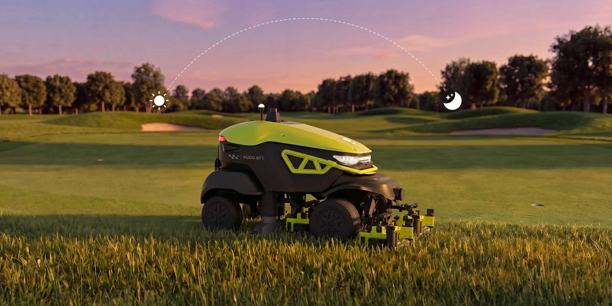 PUDU GT7 akşam saatlerinde golf sahasında çalışırken